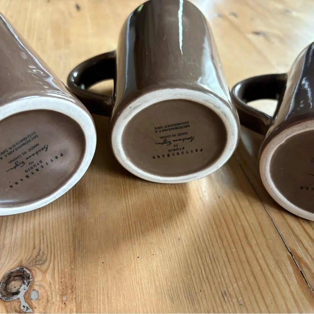 3 Pottery Barn Studio Coffee Mugs Cocoa Pattern 14oz Brown Latte
